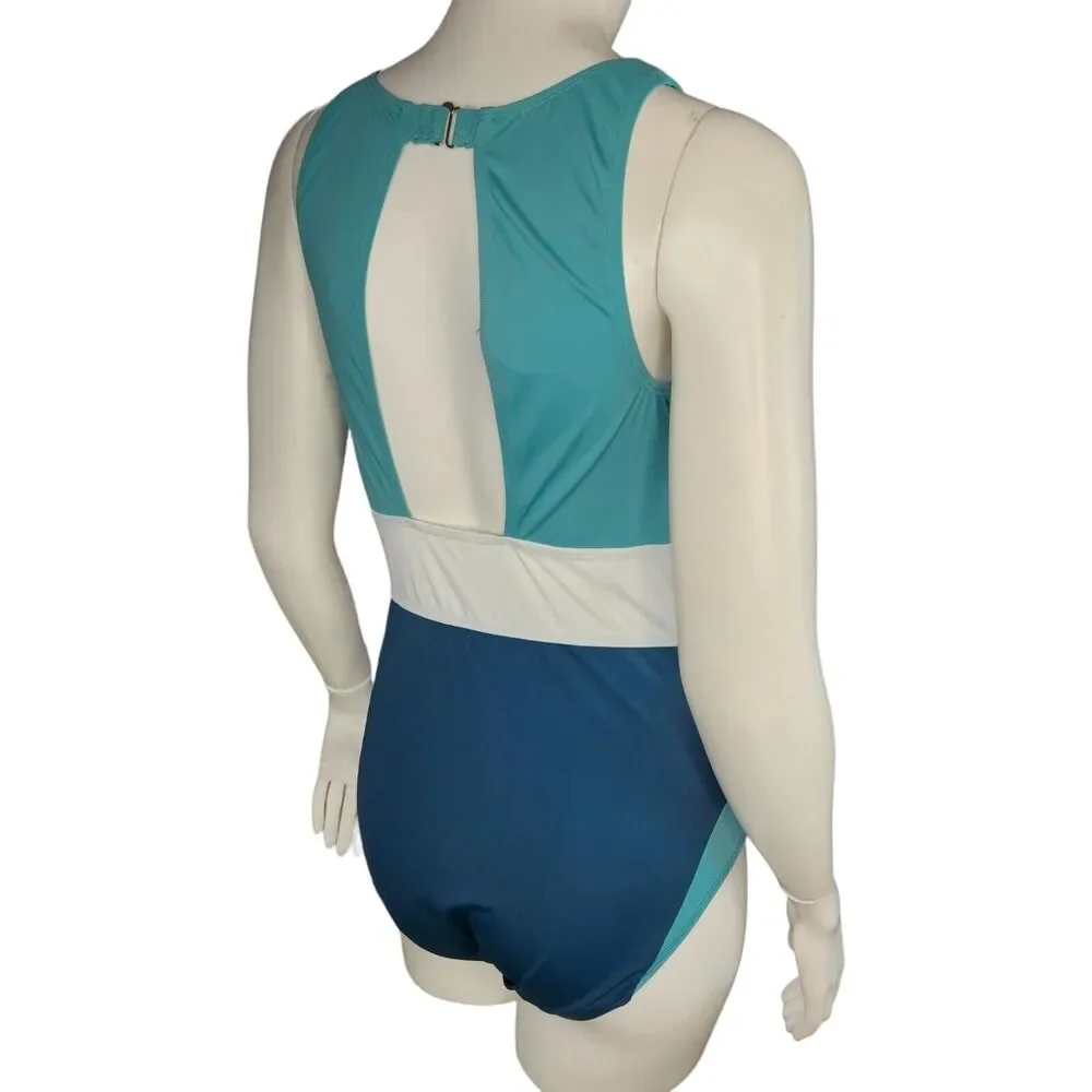 Zuda Colorblocked V-Neck One Piece Womens Swimsuit Teal‎ Blue Size 8 NWOT